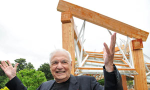 Frank Gehry Canadian architect and his Serpentine Pavilion, 'part-amphitheatre, part-promenade' glass and timber structure.
