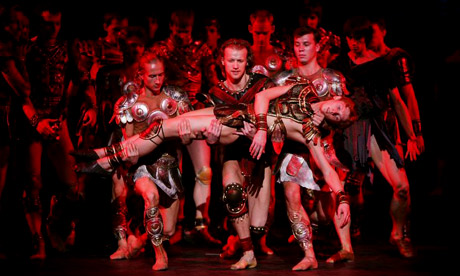 Members of the Mikhailovsky Ballet perform in a dress rehearsal of Spartacus at the Coliseum in London