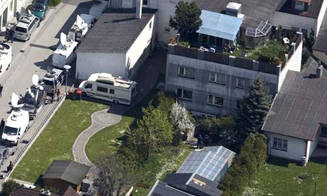 An aerial view of the building in Amstetten where Josef Fritzl imprisoned his daughter for 24 years in a windowless basement cell and fathered seven children with her
