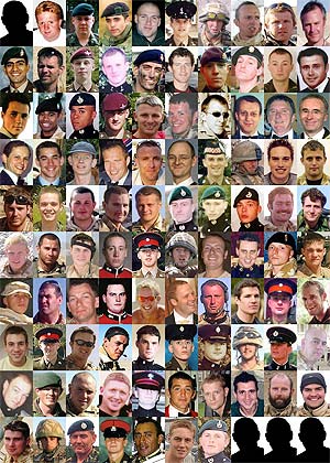 A composite image of the 100 British military personnel killed during the conflict in Afghanistan