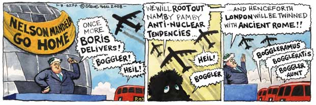 Steve Bell's If... cartoon strip showing Boris calling for Nelson Mandela to 'go home' and then pledging to 'root out namby-pamby anti-nuclear tendencies' and twin London with ancient Rome. His band of Routemasters begin declining the Latin verb 'Boggler' in celebration.