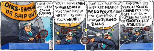 Steve Bell's If... cartoon strip showing Boris getting rather over-excited about getting London fit