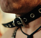 Man wearing leather collar and harness