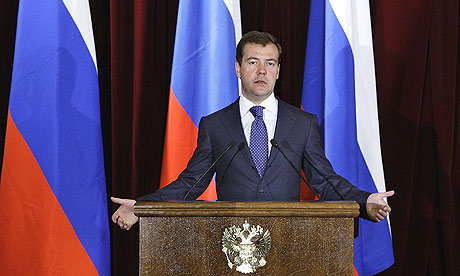 Russian president Dmitry Medvedev speaks at the foreign ministry in Moscow, during a meeting with Russian ambassadors to countries around the world.
