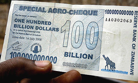 Zimbabwe's $100bn note, recently printed by the central bank in Harare.