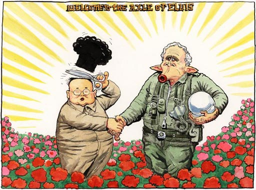 Steve Bell cartoon - Bush hails Korean breakthrough