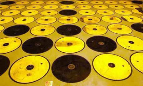 A yellow and black pattern shows full (black) and additional space (yellow) at the temporar storage of High level radioactive nuclear waste at Sellafield nuclear plant