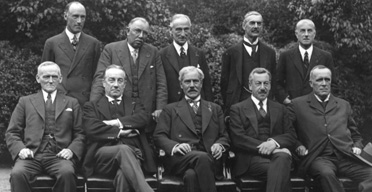 Cabinet ministers, August 1931. Back row (left to right): C Lister, J Thomas, Rufus Isaacs, (Lord Reading), Neville Chamberlain and S Hoare (Viscount Templewood). Front row (left to right): Philip Snowdon, Stanley Baldwin, prime minister Ramsay MacDonald, H Samuel and Lord Stanley. Photograph: Getty