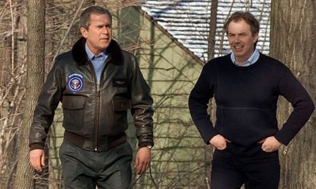George Bush and Tony Blair at the first meeting, in February 2001. Photograph: Luke Frazza/AFP